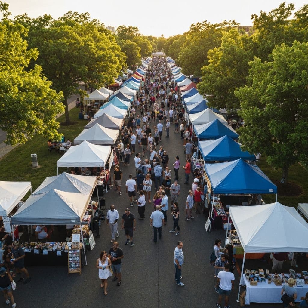 Vibrant popup market with vendors and shoppers