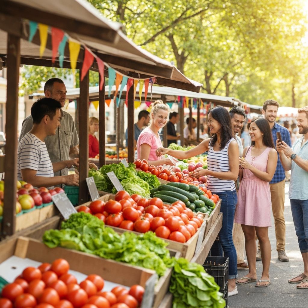 Fresh produce at a local farmers market with vendors and customers